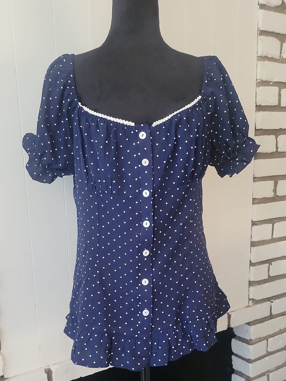 Navy Polka Dot Puff Sleeve Button-Front Top